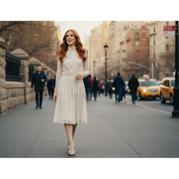 Vintage Ivory Lace High Neck Midi Dress By Ursula Of Switzerland 7/8 - Picture 1 of 14